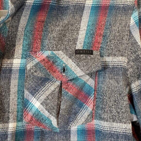 O'Neill Men's M Plaid Flannel Button Up Shirt Gray Blue Red Surf Skate Gorpcore - Picture 7 of 11